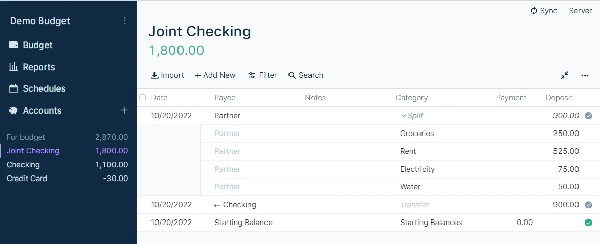 Screenshot of joint accounts in a personal Actual Budget file - option 2